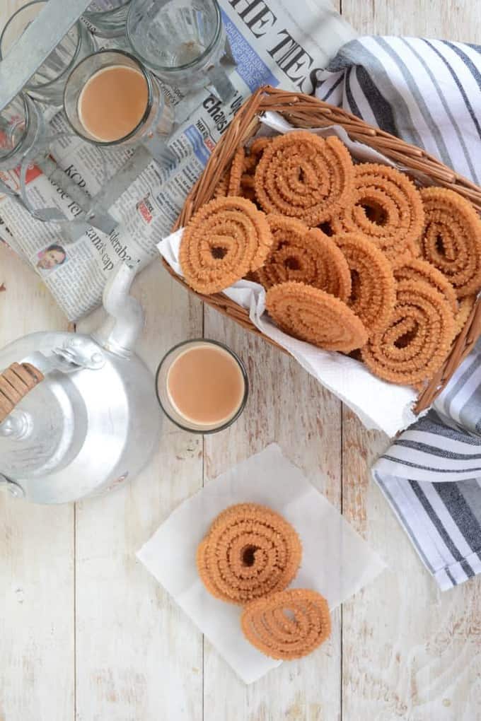 A basket full of Murukku shot from the top
