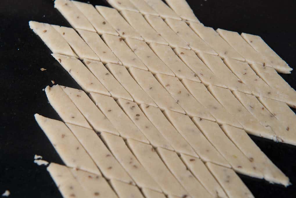 Dough cut into thin rectangles