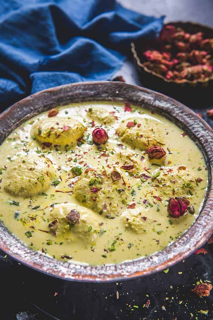 Rasmalai served in a bowl.