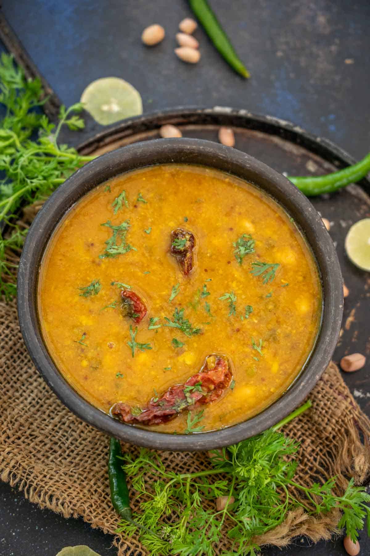 Gujarati dal served in a bowl.