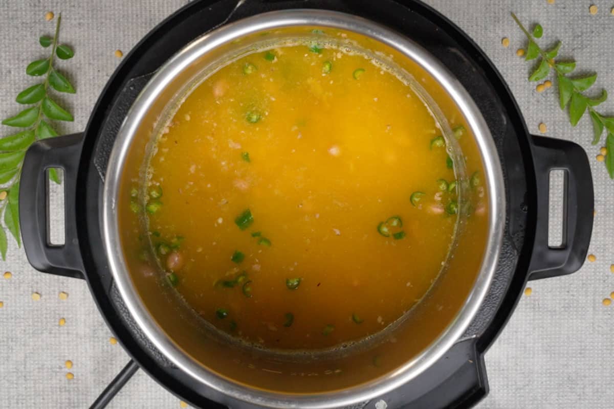 Peanuts, tomatoes, kokum, green chilies, turmeric powder, salt and ginger added to an instant pot. Water also added to the pot.