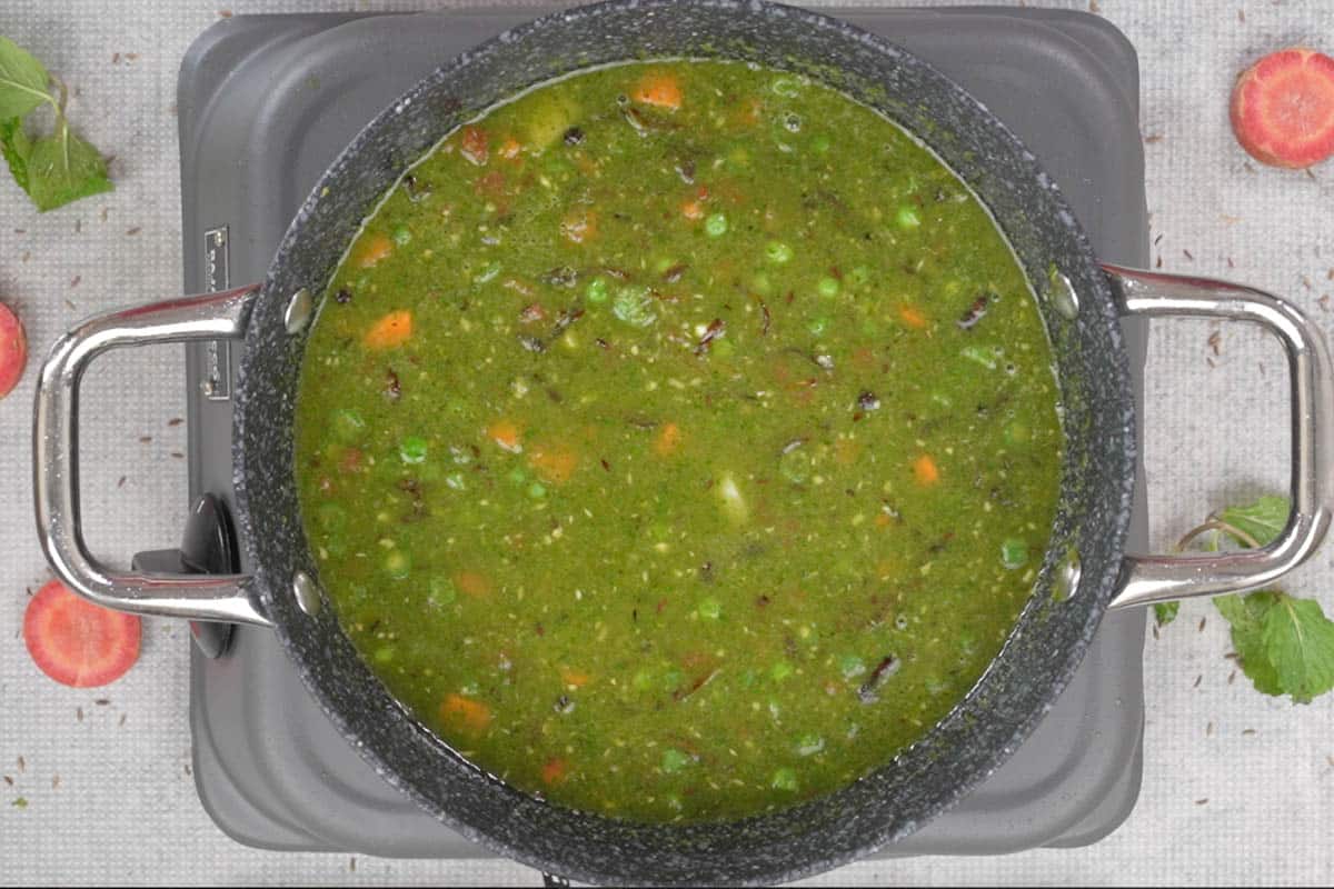 Soaked rice, water and salt addd to the pan.