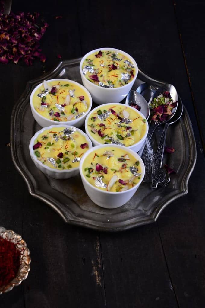 Angoori rasmalai or angoor rabdi is a dessert made with fresh Indian cottage cheese. Cottage cheese balls are dunked in flavored and thickened milk.