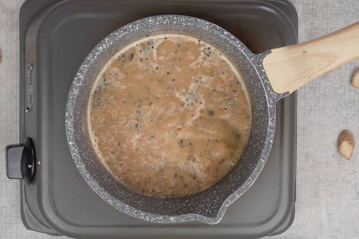 Tea boiling in the pan.