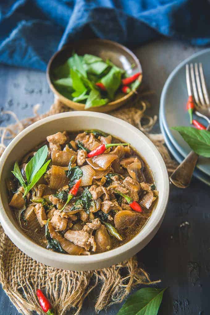 Thai Basil Chicken Served in a bowl.