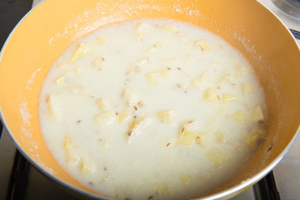 Farali Pineapple Curry Recipe is very easy to make accompaniment which just requires cubed pineapple, ghee, grated coconut, and spices. Serve it hot.