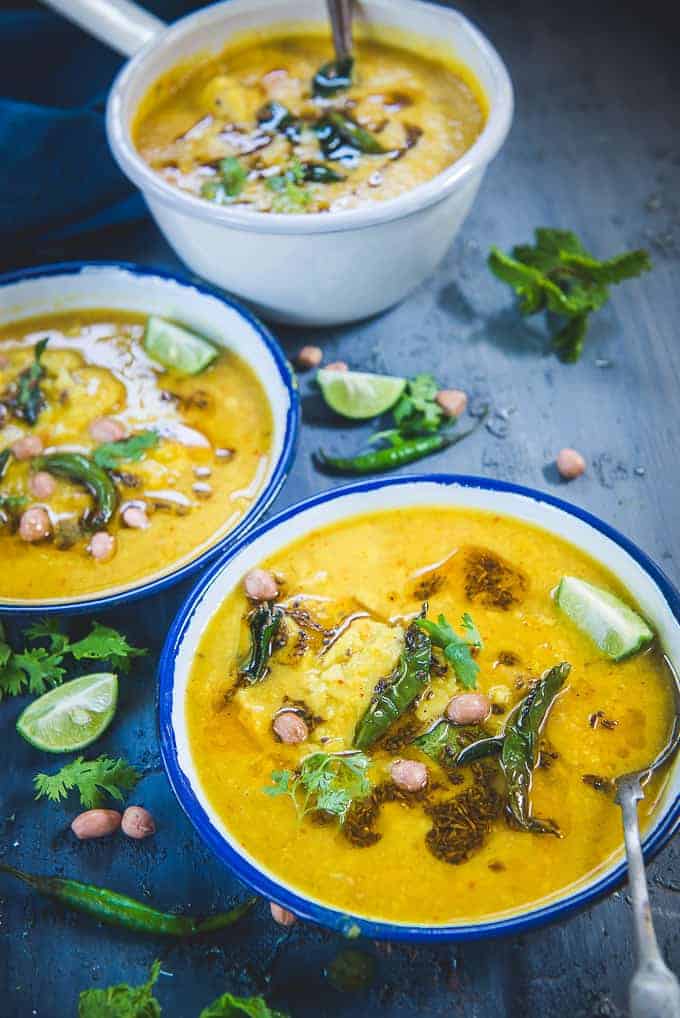 Dal Dhokli served in bowls.