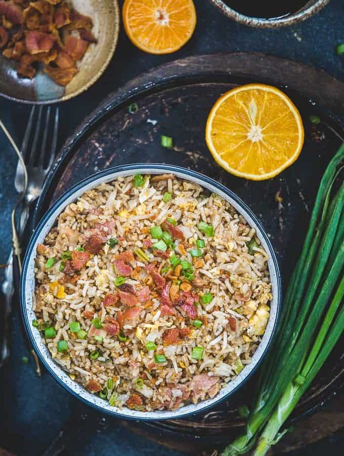 Bacon fried rice served in a bowl.