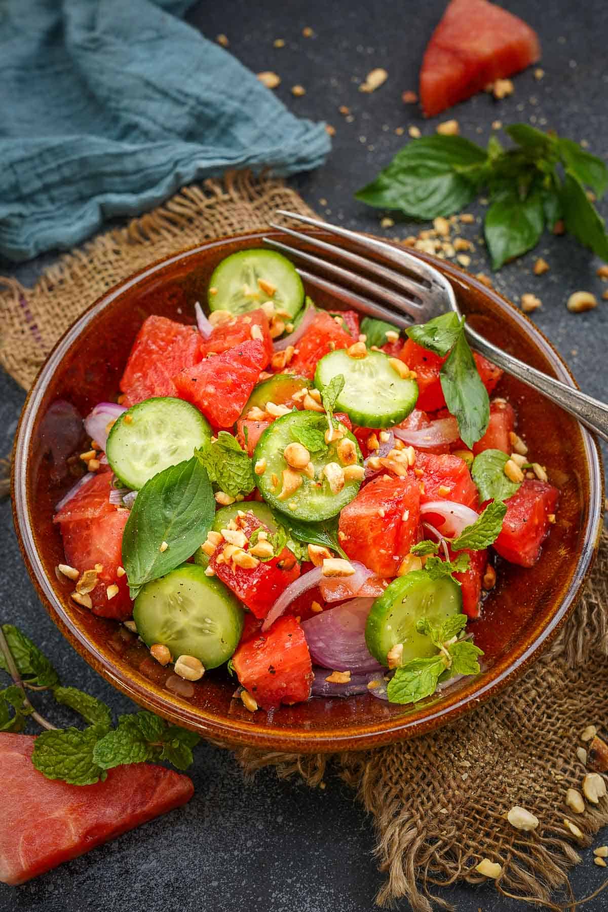 Thai Watermelon Salad served in a bowl.