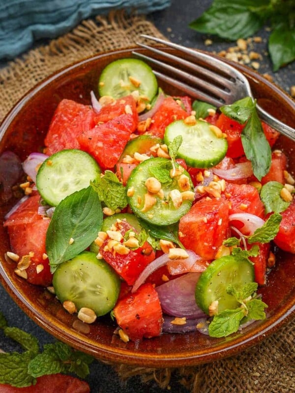 Thai Watermelon Salad is a healthy and refreshing salad loaded with Thai flavors. Make it in under 10 minutes using simple ingredients (vegetarian, gluten-free).