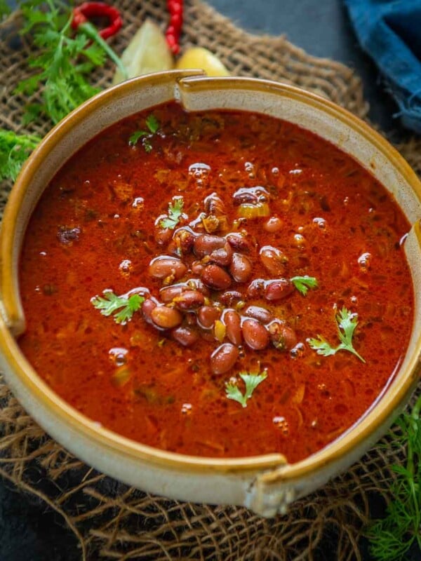 Kashmiri Rajma is a delicious yogurt-based curry made from red kidney beans popular in Kashmiri households. You can serve it for lunch or dinner with steamed rice, jeera rice, or lightly spiced pulao.