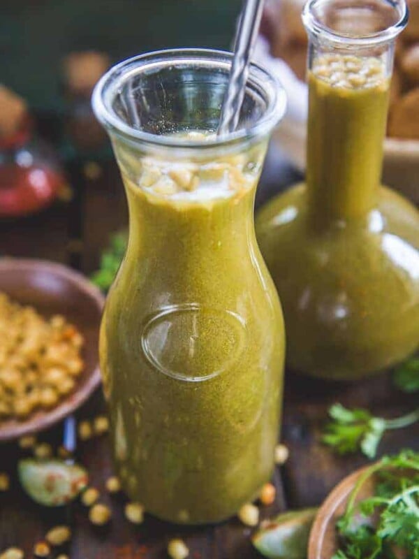 Golgappe ka Pani served in a glass jar.