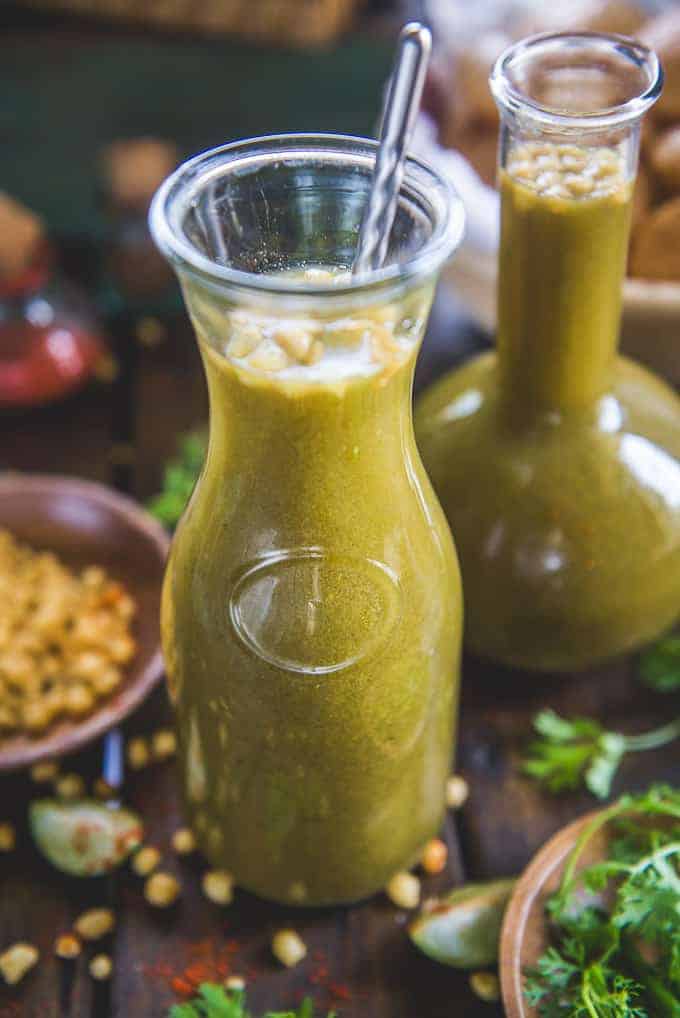 Golgappe ka Pani served in a glass jar.