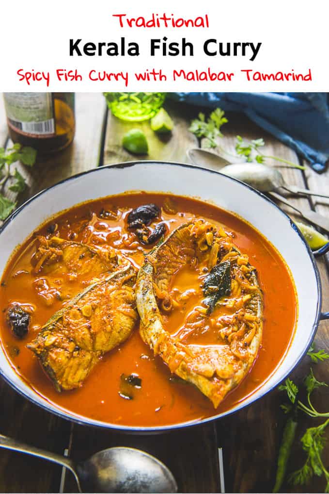 Kerala Fish Curry is a traditional Malabari dish and is a tad spicy curry. But, most importantly, it has a signature taste of kudampuli (Dried malabar tamarind) and curry leaves. Make it at home with my authentic recipe to make fish curry Kerala style without coconut. #Fish #Curry #Indian #Kerala #Seafood