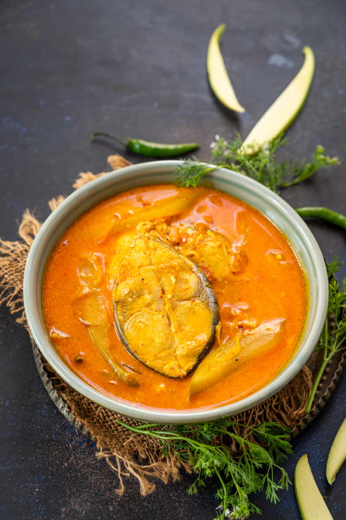Alleppey fish curry served in a bowl.