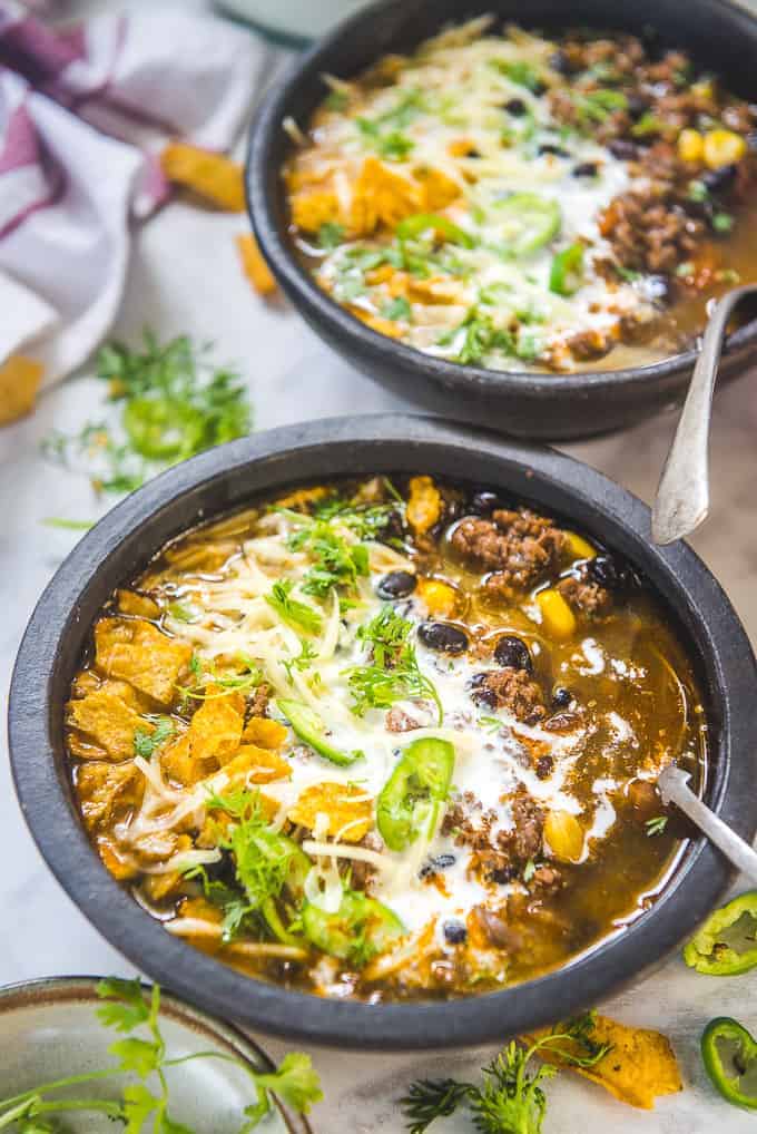 Instant Pot Taco Soup served in a bowl.