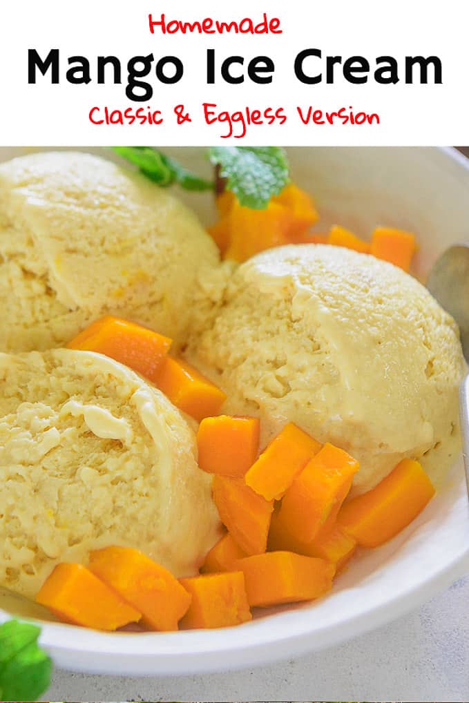Mango Ice Cream makes for an easy dessert, and can be quickly done whenever the craving arises. Made using fresh mangoes, this dessert is surely delicious. Here is a classic recipe with custard as base and an eggless version too to make homemade Mango Ice Cream Recipe. #Homemade #Mango #Recipe #IceCream