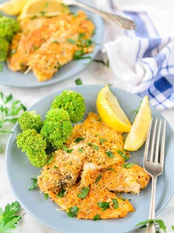 Parmesan crusted tilapia served in a plate.