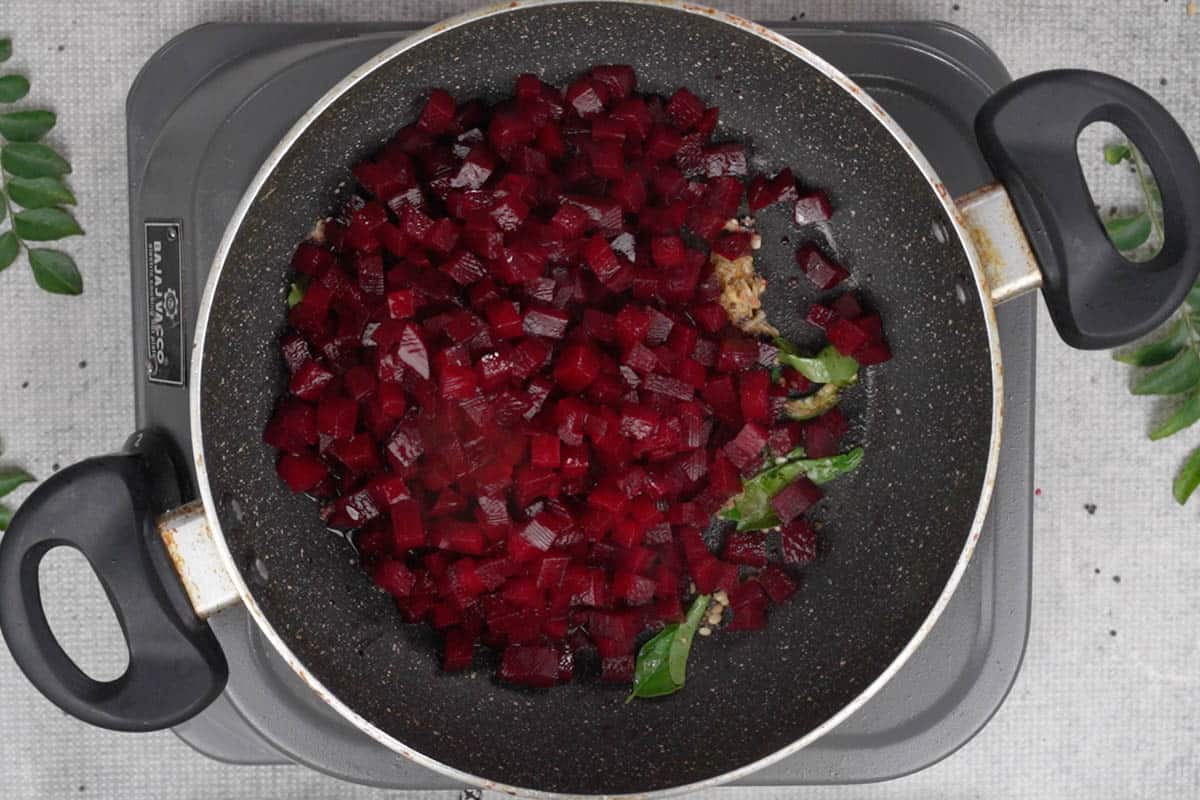 Cooked beetroot added to the pan.