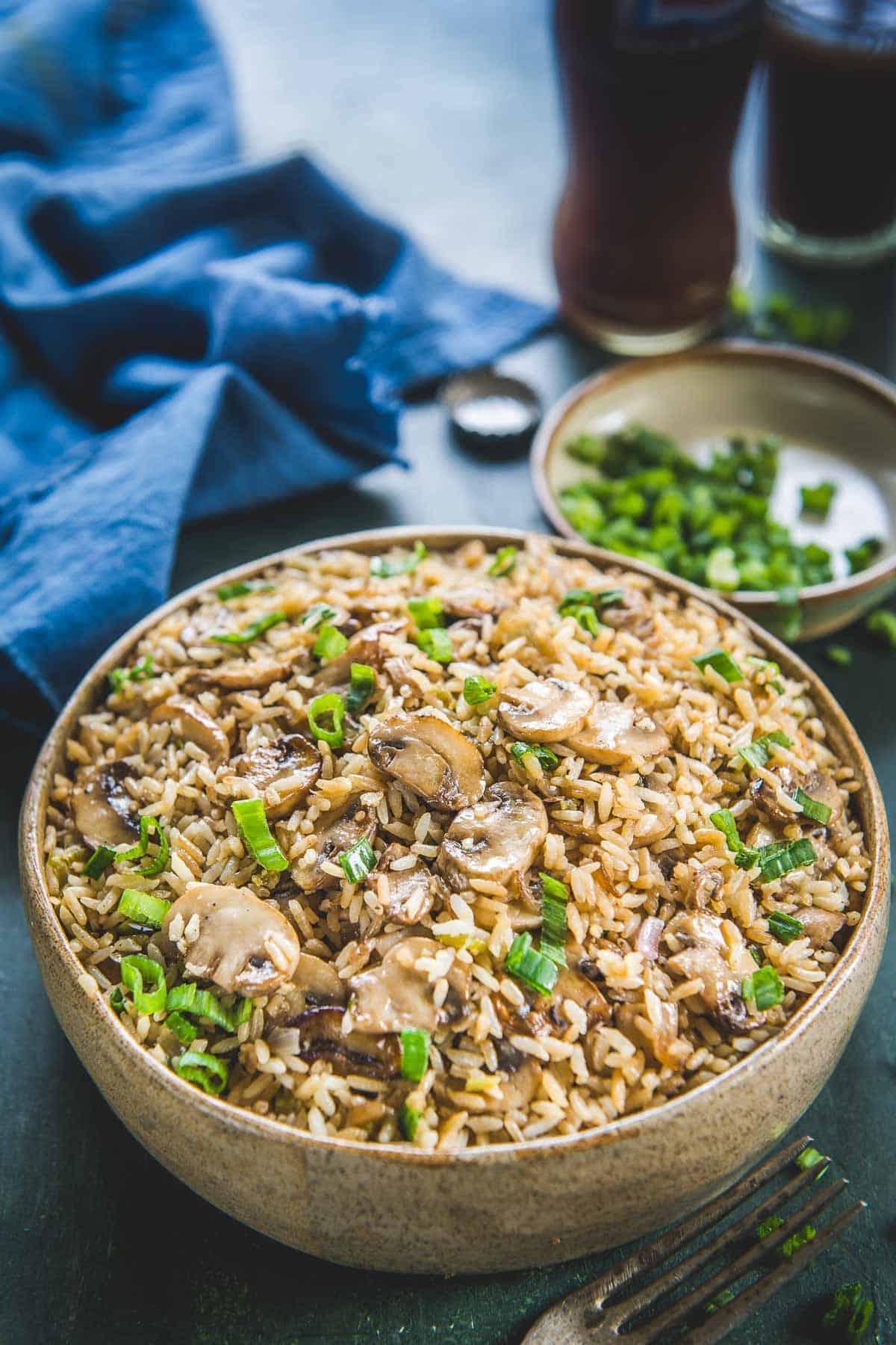 Mushroom Fried Rice served in a bowl.