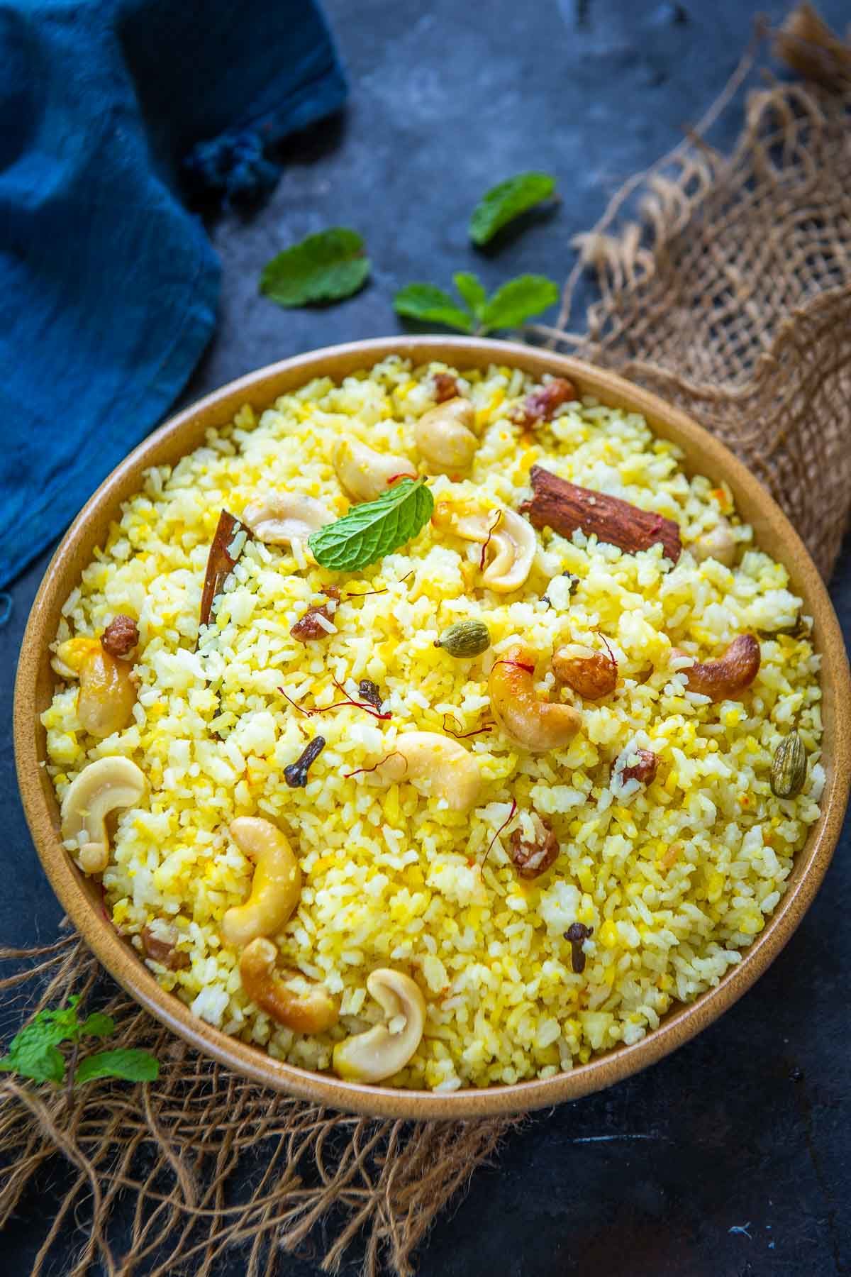Basanti Pulao served in a bowl.