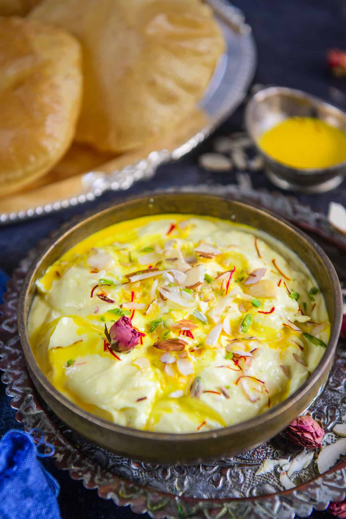 Kesar Shrikhand served in a bowl.