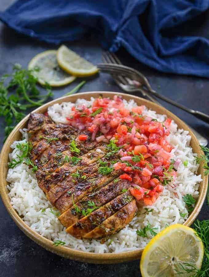 Cilantro Lime Chicken served with rice and salsa.