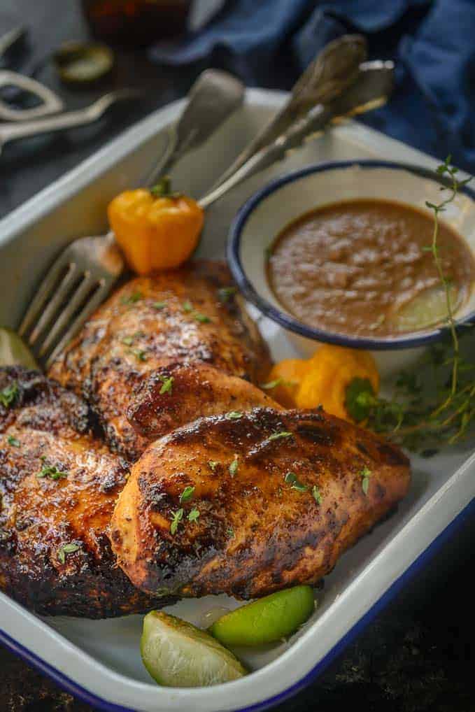 Jerk Chicken served in a bowl.