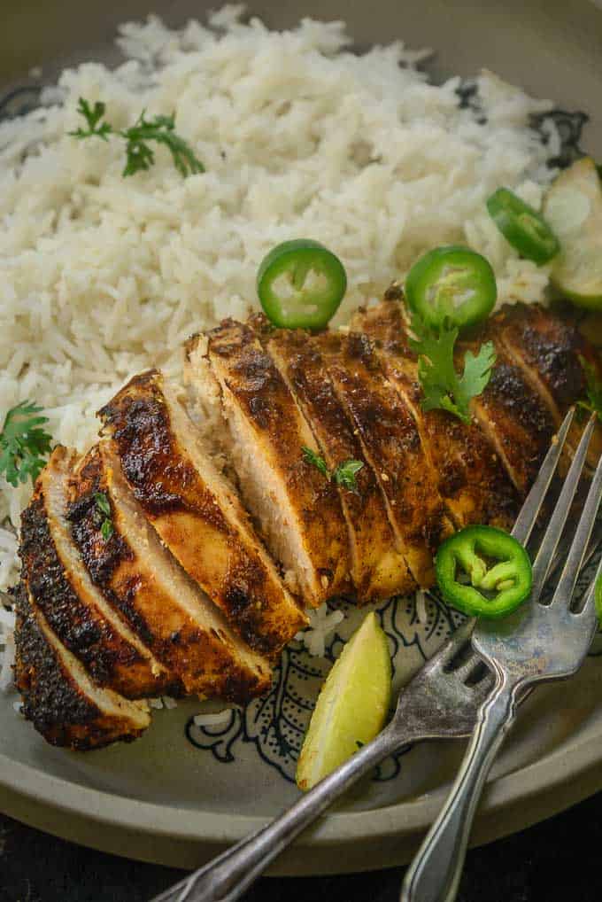 Jamaican Jerk Chicken Recipe served with rice.