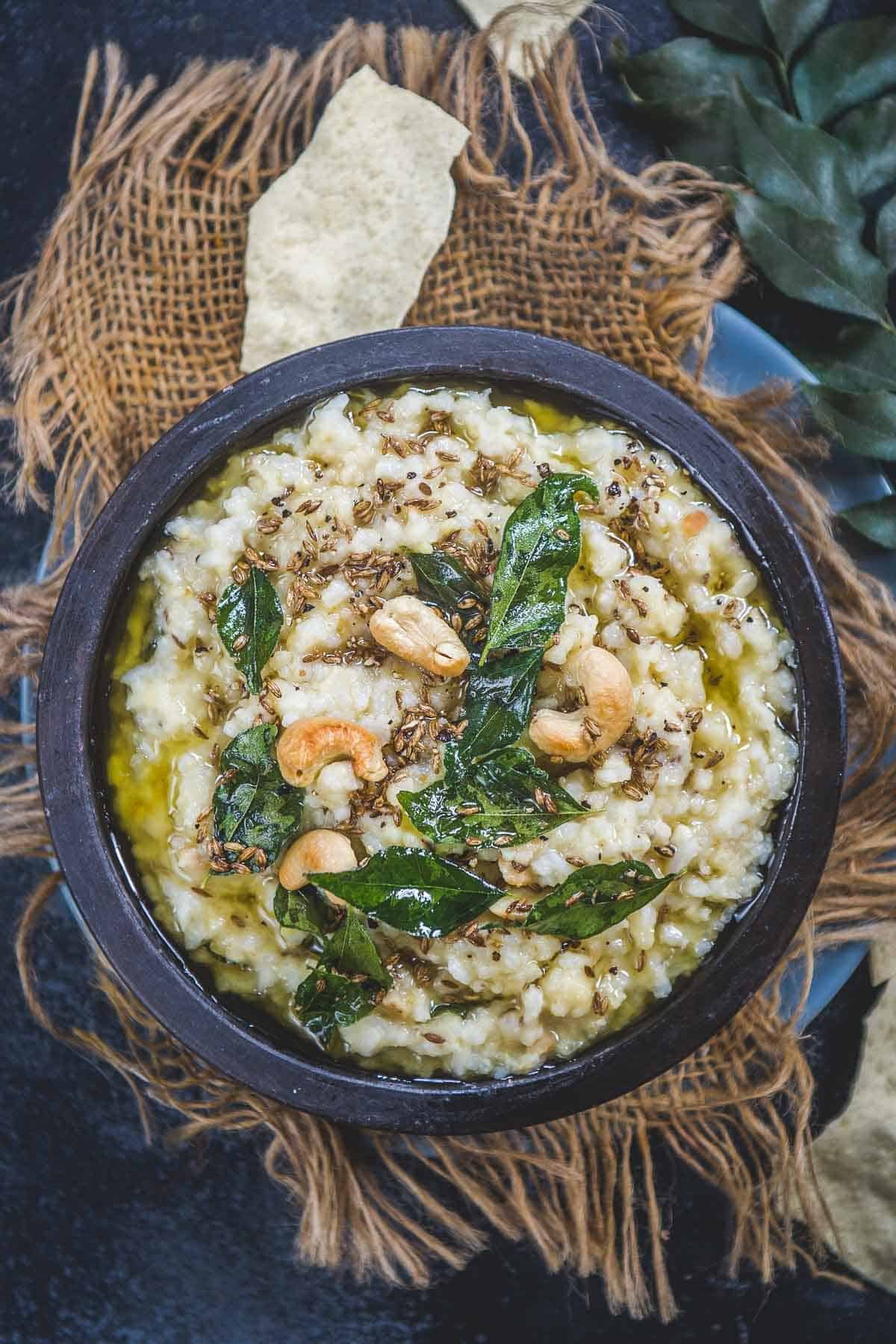 Ven Pongal served in a bowl.