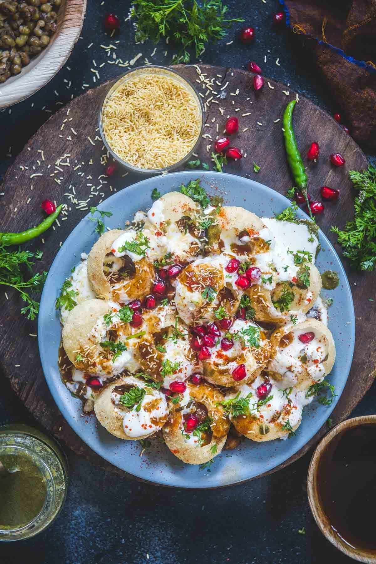 Dahi Puri served on a plate.