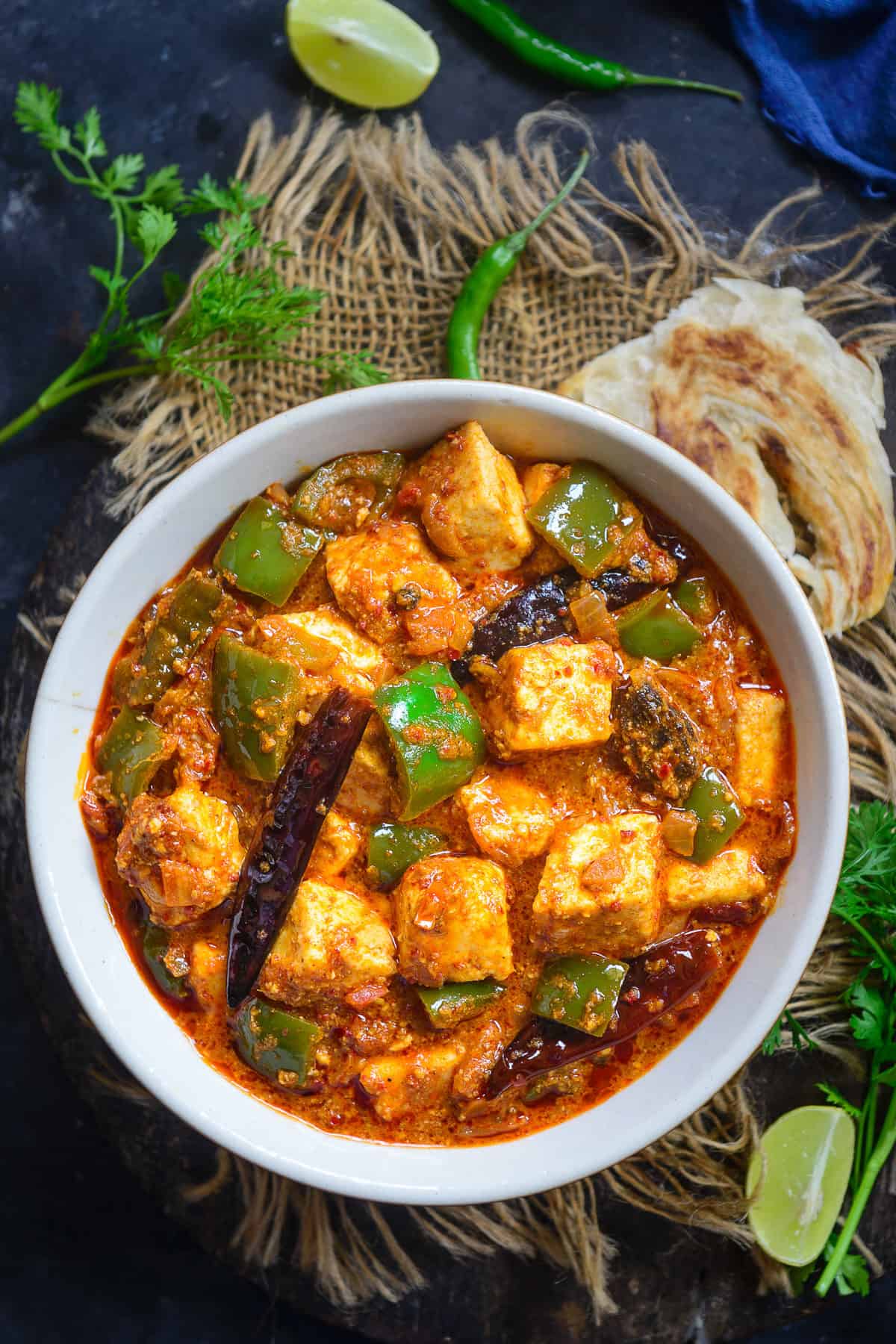 Kadai Paneer served in a bowl.