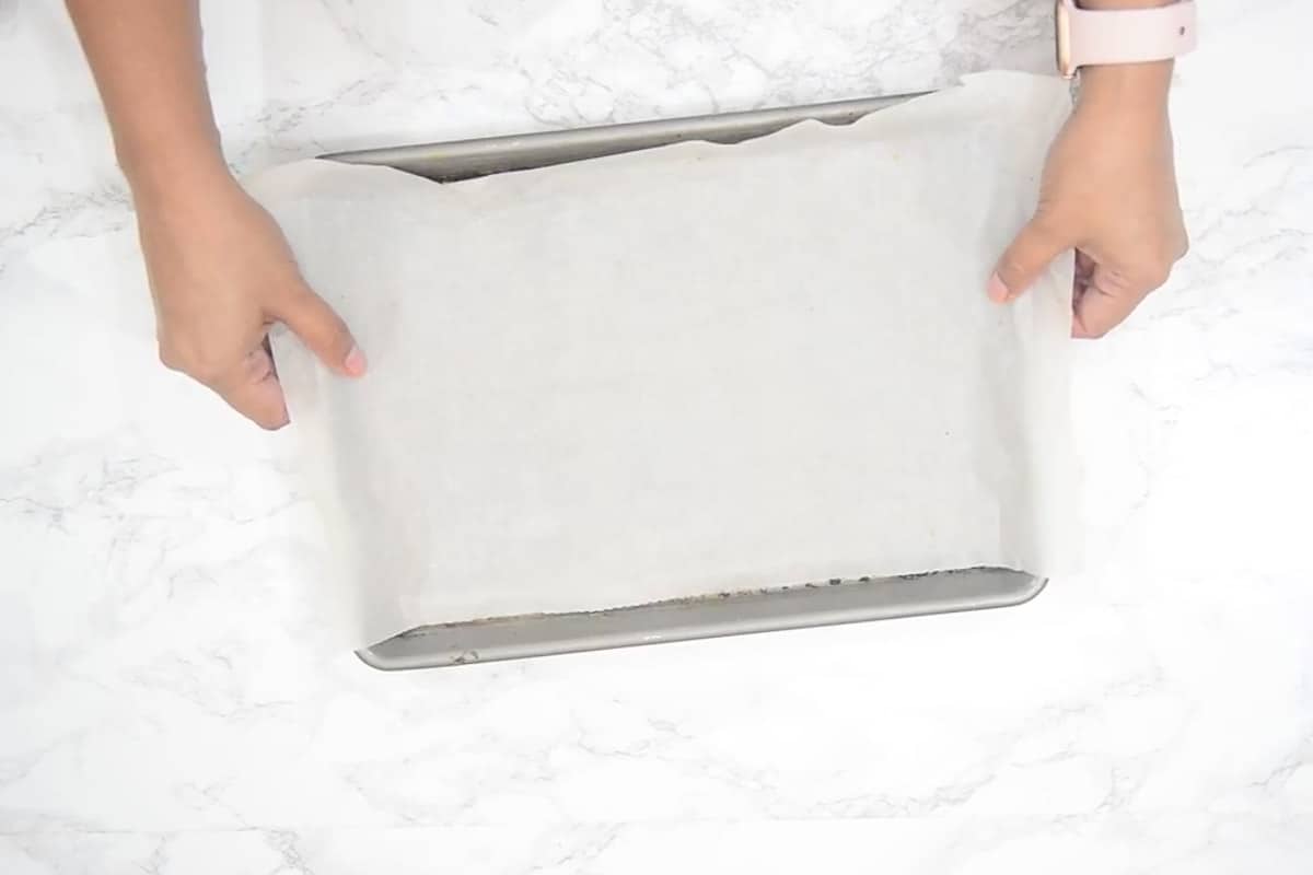 Tray lined with parchment paper.