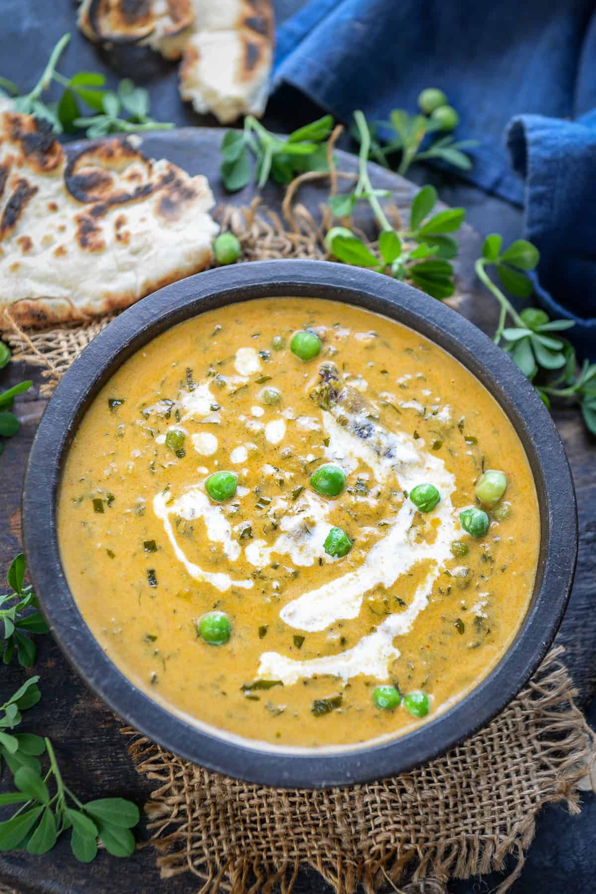 Methi Matar Malai served in a bowl.