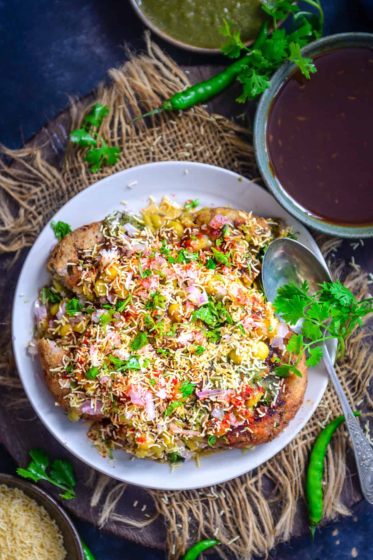 Ragda pattice served in a bowl.