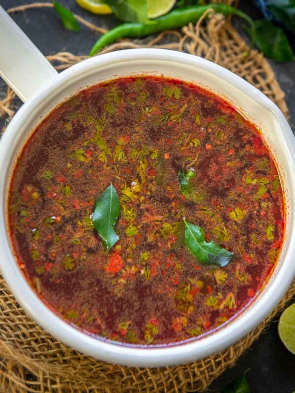 Beetroot Rasam (Beetroot Saaru) is a delicious take on the classic tomato rasam made by adding beetroot puree to it (vegan, gluten-free).