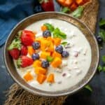 Fruit Cream is an Indian dessert with fresh fruits added to a creamy base. This fruit salad with cream is super easy to make and tastes very refreshing. Make it using my easy recipe (vegetarian, gluten-free).