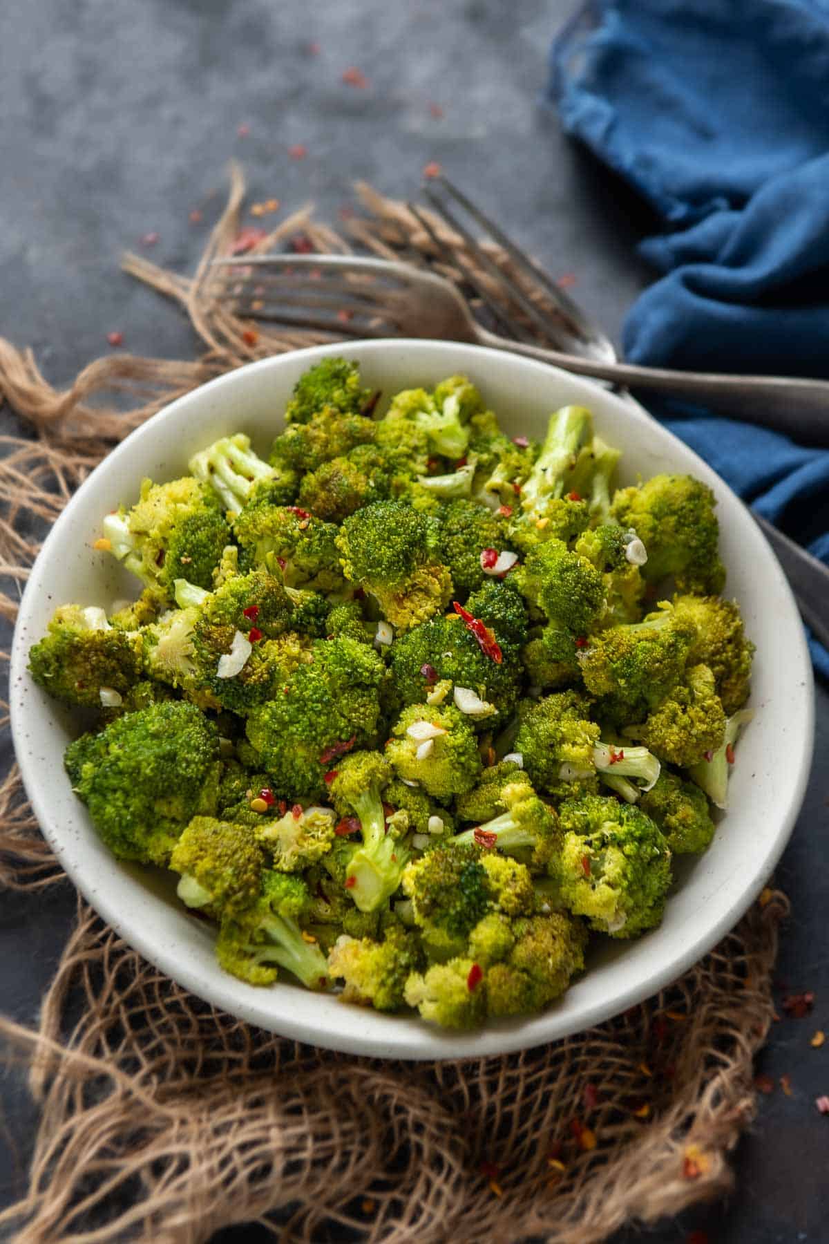 Spicy Air fryer frozen broccoli served in a bowl.
