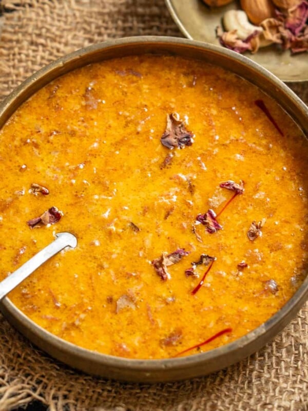 Carrot Kheer (Gajar Ki Kheer) is a creamy Indian dessert made using fresh winter carrots and milk. Serve it chilled or warm for an after-dinner dessert or any special occasion (vegetarian, gluten-free).