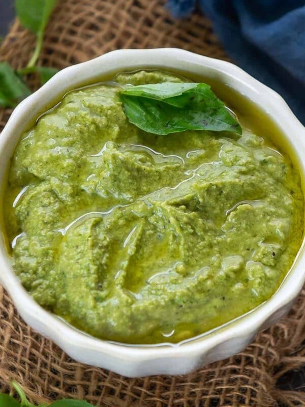 Avocado basil pesto served in a bowl.