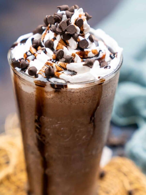 This Starbucks Copycat Double Chocolate Chip Frappuccino recipe is a keeper. It's slushy, creamy, rich, decadent, and comes together in just 10 minutes. Here is a super easy recipe to make it from scratch (gluten-free, can be made vegan).
