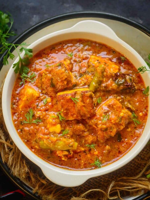 Paneer masala served in a bowl.