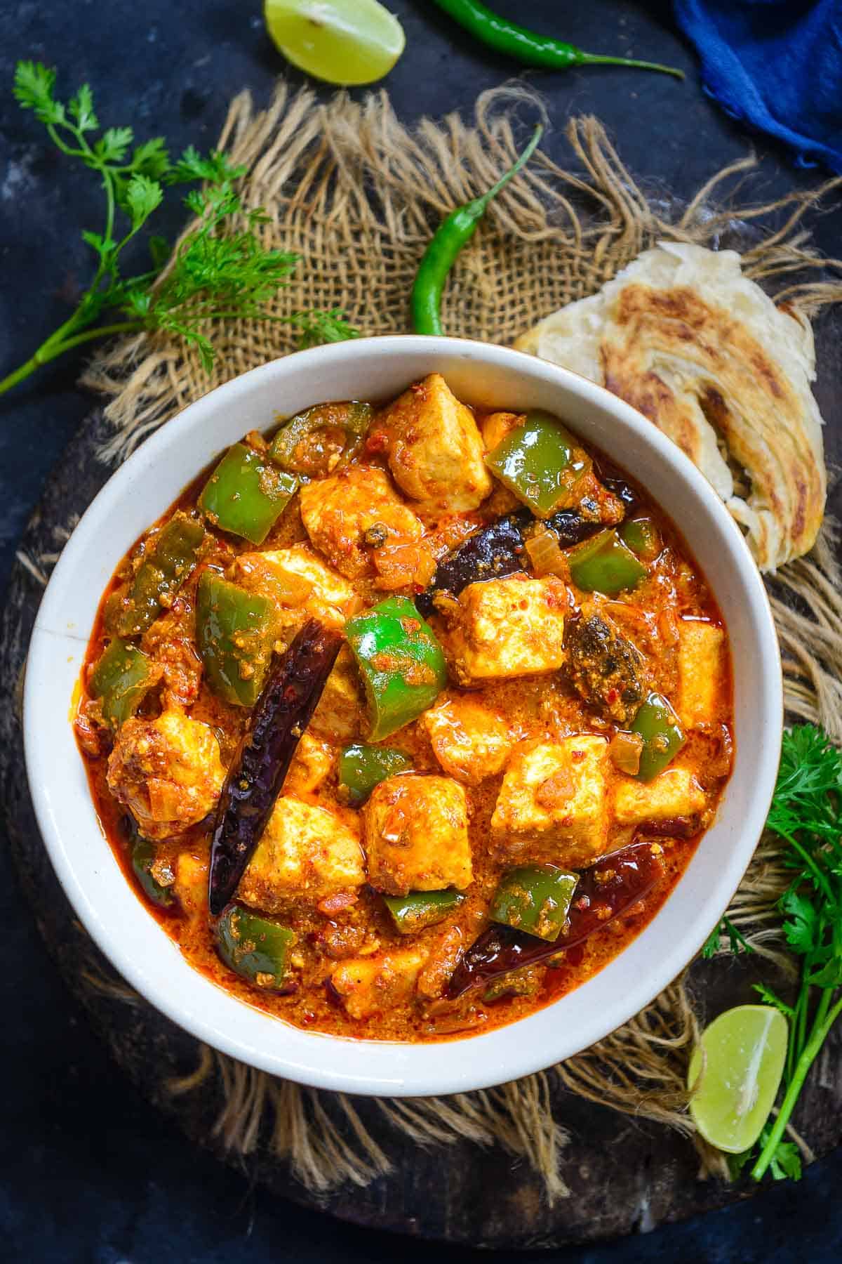 Kadai Paneer served in a bowl.