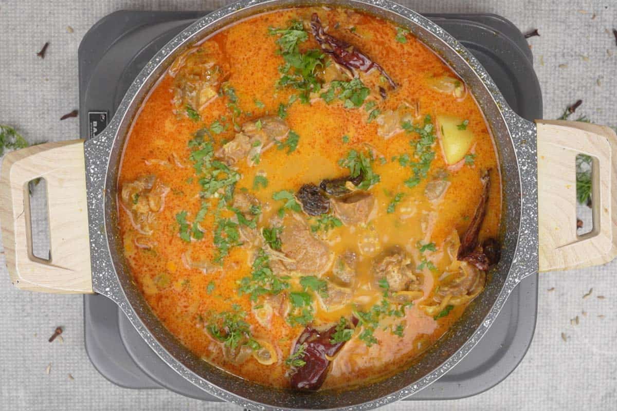 Ready railway mutton curry in the pan.