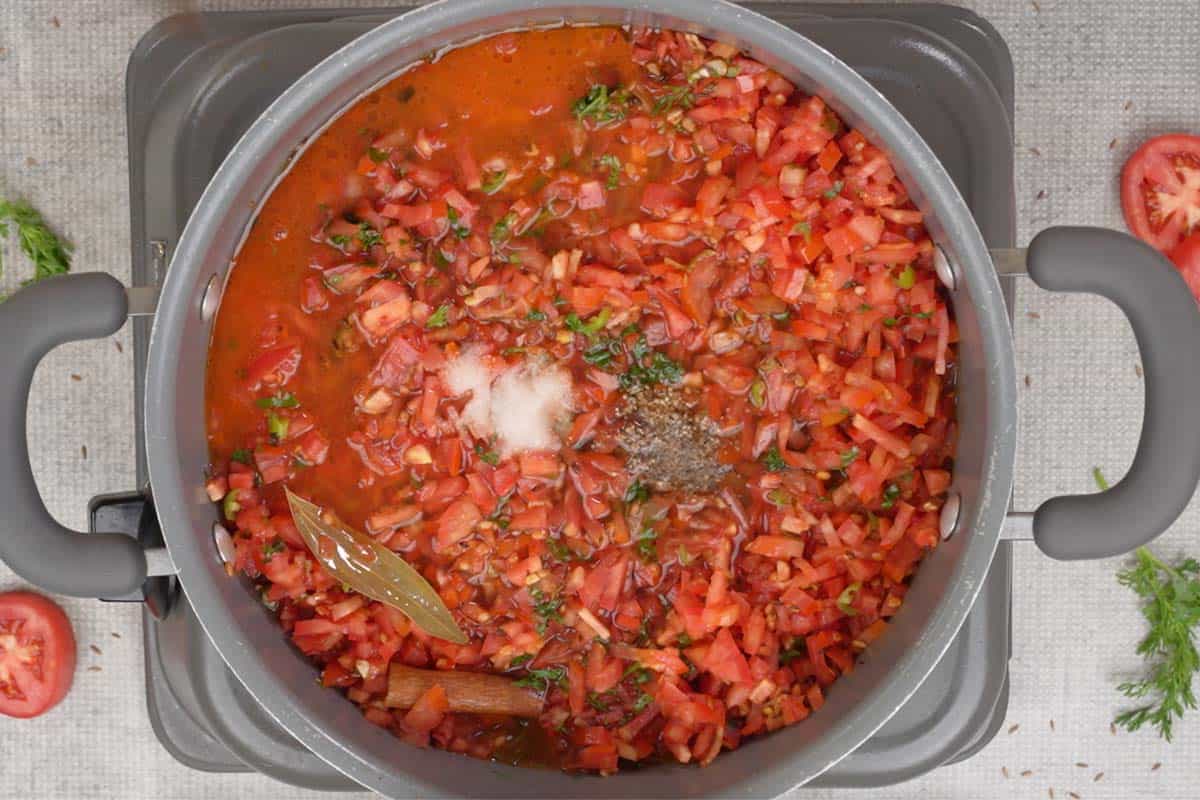 Water, salt and pepper added to the pan.