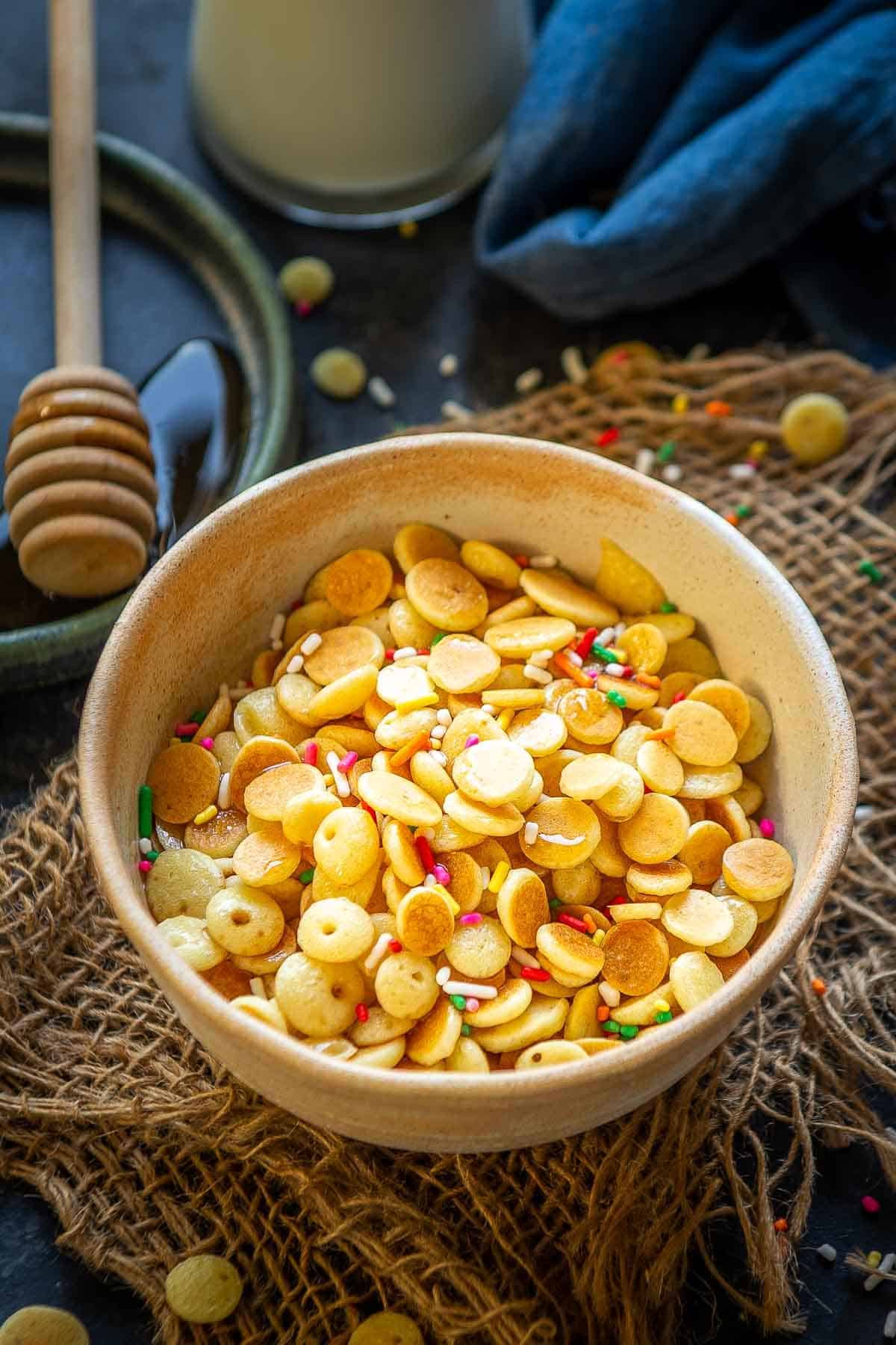 Cereal pancakes served in a bowl.