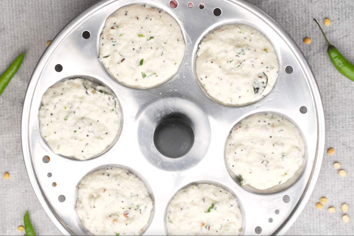 Batter poured in idli mold.