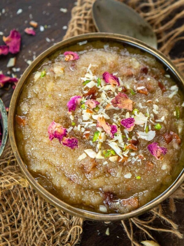 This North Indian-style Sooji Halwa (Suji Ka Sheera, Indian Semolina Pudding) is a traditional Indian dessert made with semolina, ghee, and sugar. Use my simple and easy recipe to make this semolina pudding.