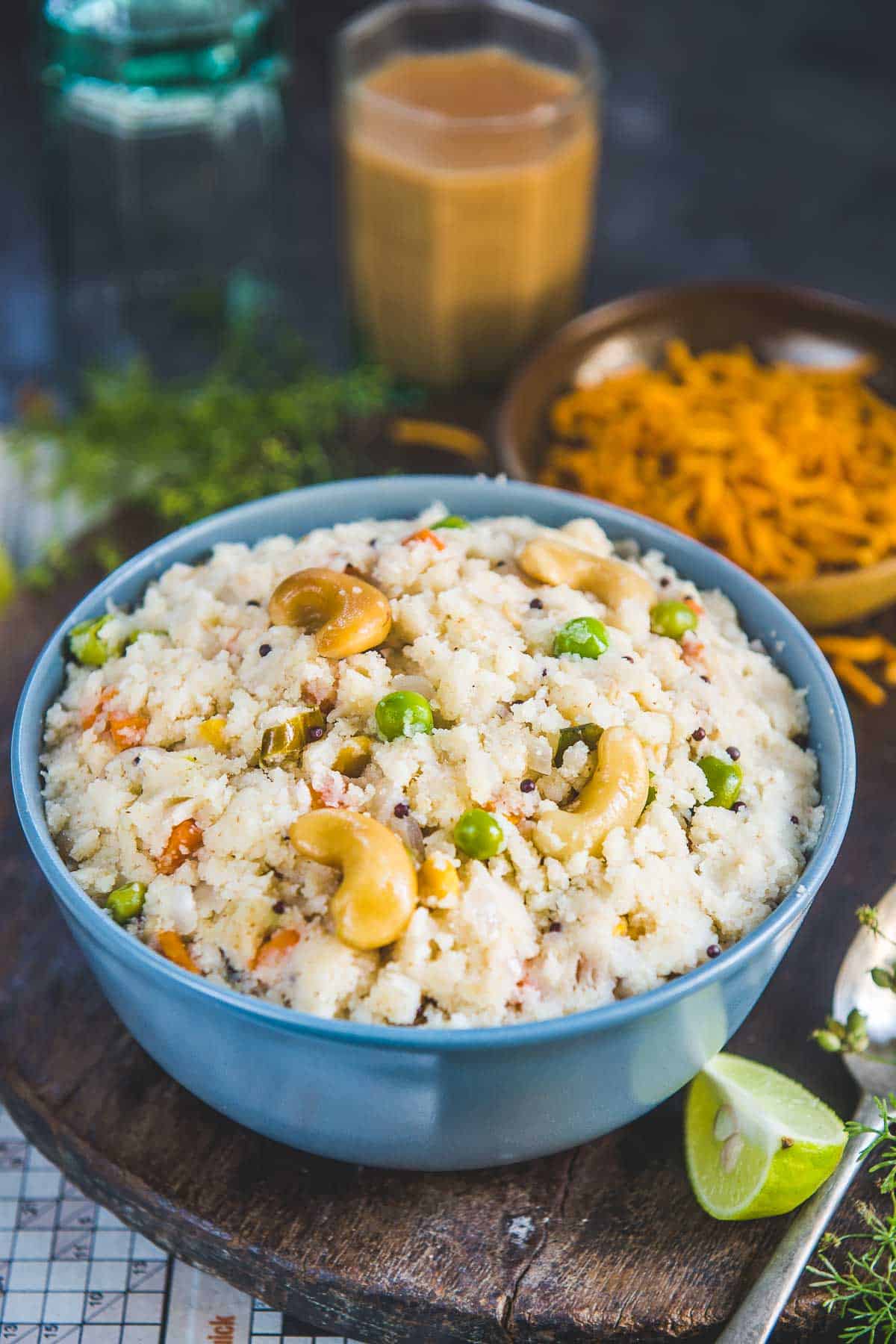Vegetable rava upma served in a bowl.