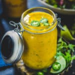 Mango Salad Dressing is a creamy, healthy, gluten-free, sweet, and spicy salad dressing recipe that can be made in under 10 minutes using pantry staples. Use fresh or frozen mangoes to make it.